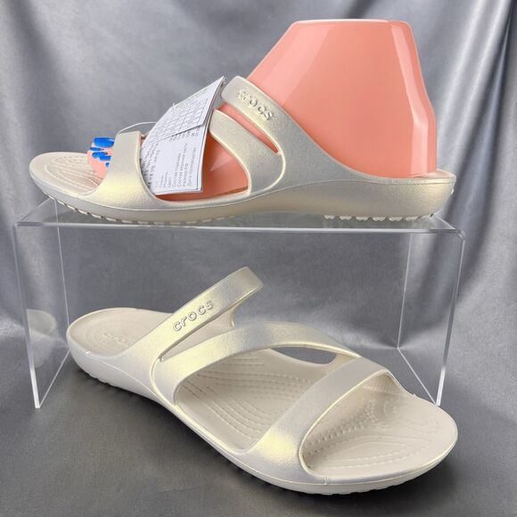 Crocs Kadee II Shimmer Sandals Women's 8 Beige Strappy Slides 211713-160 NEW - Picture 1 of 17